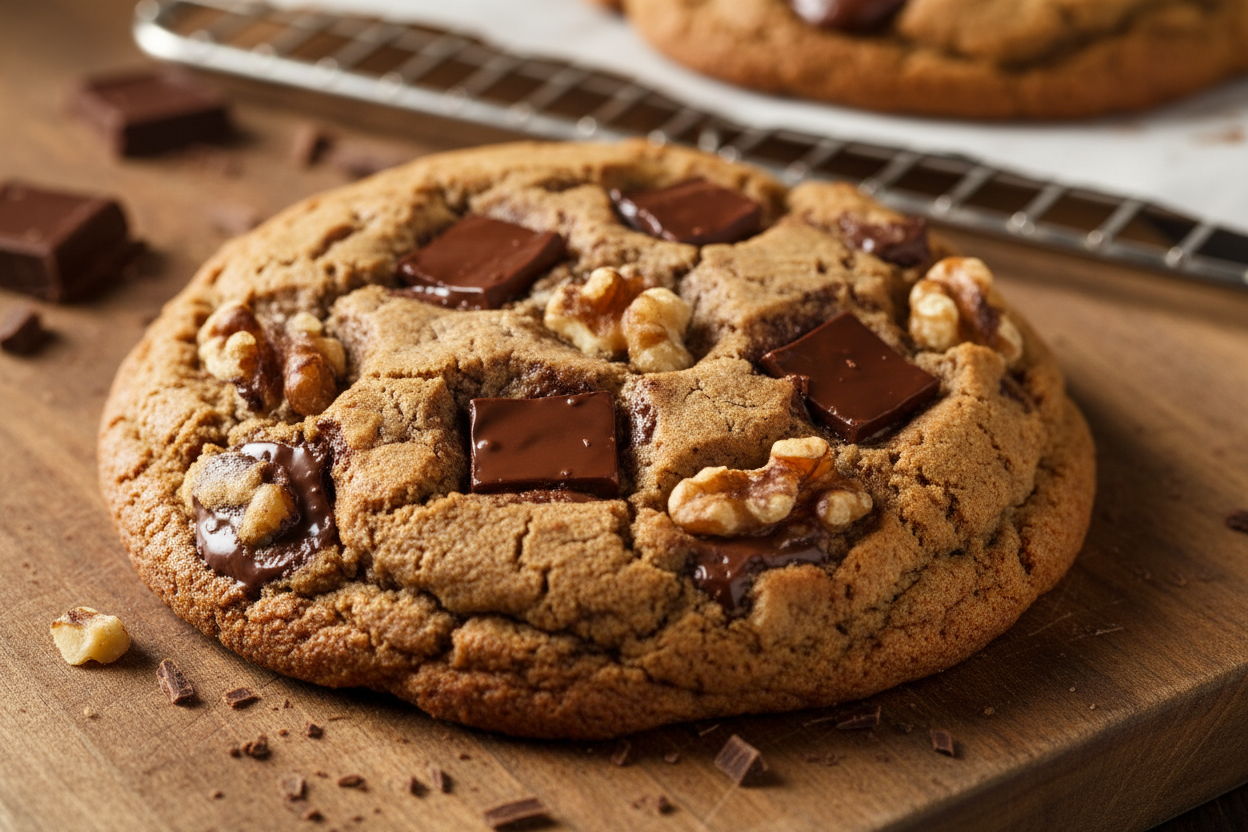 a single choloctae chip cookie with walnuts in it thich and 4 in wide