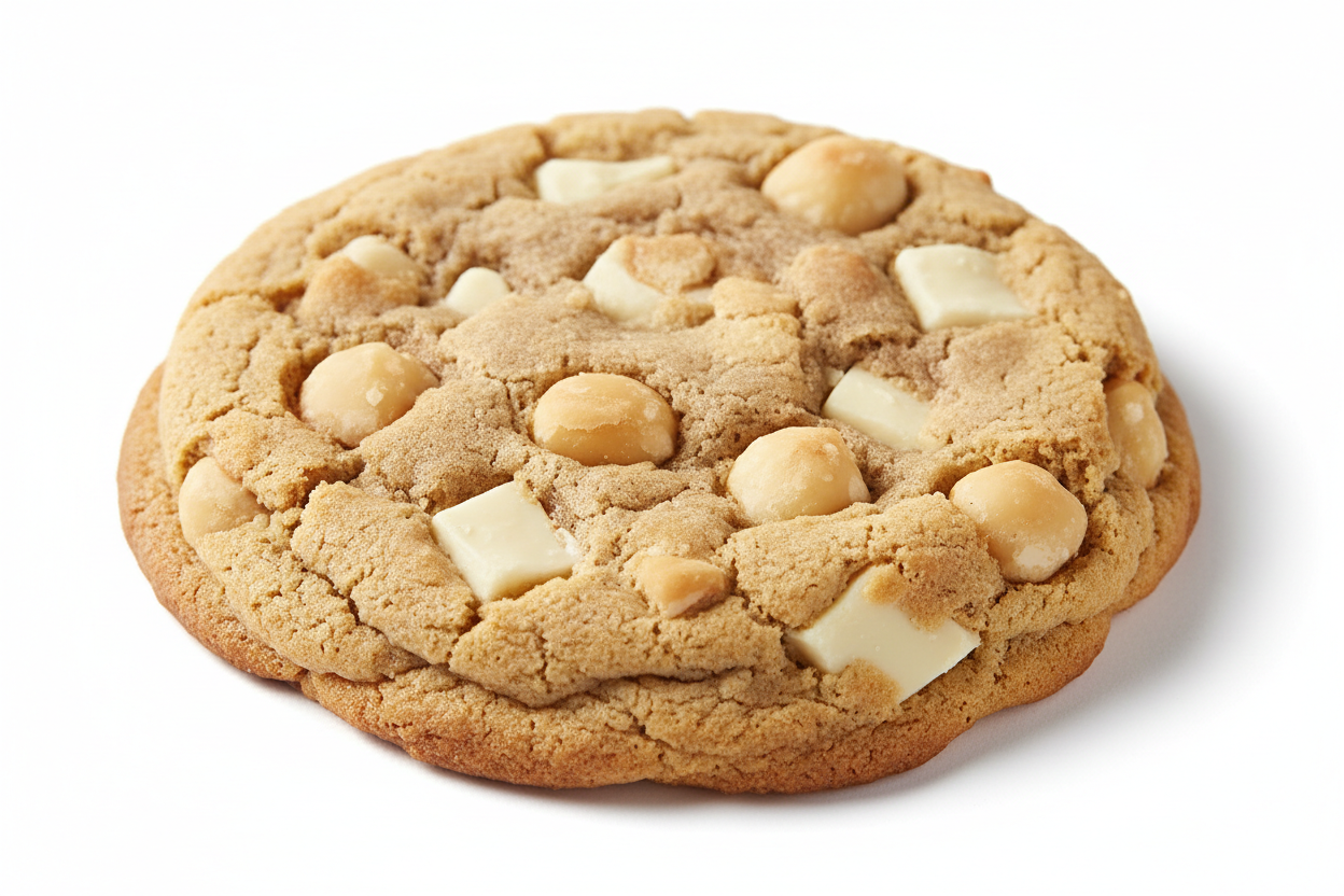 a single white choloctae macademia nut cookies that is 4 in wide adn thick