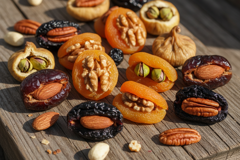 drief ruits with different nuts stuffed in them