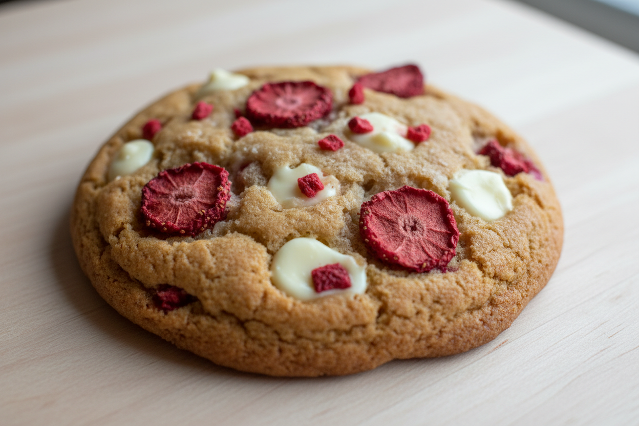 i need a cookie that is 4in wide and is a cookie that has  dried strawberries and white choloctae chips in it 