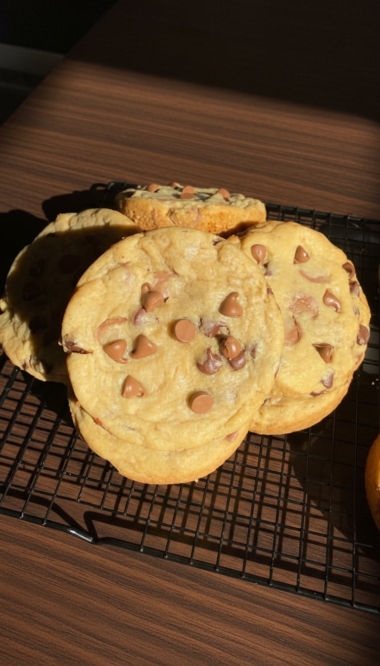 Chocolate chip cookies on a cooling rack with a light background