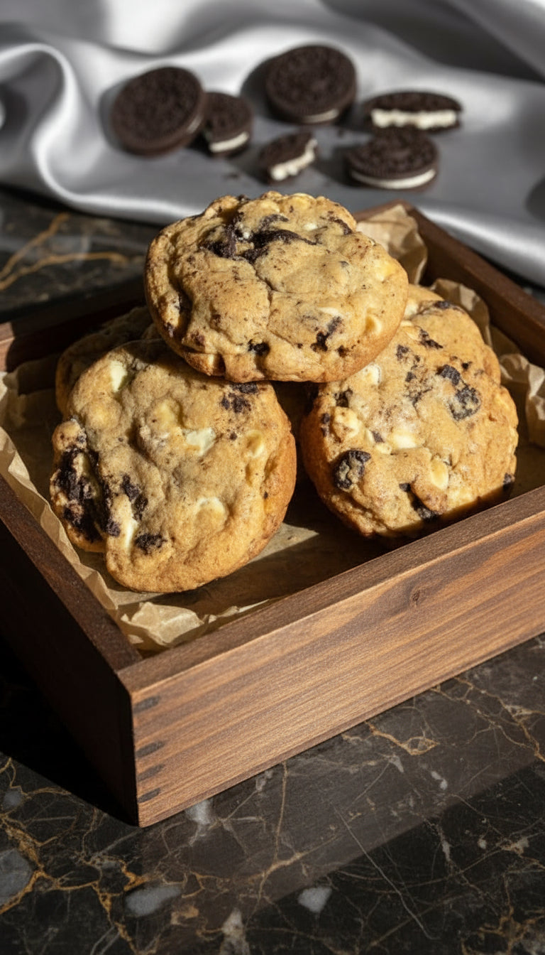 Three chocolate chip cookies on a textured surface with a light background