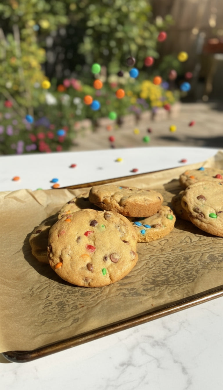 Two cookies with colorful candies on a baking sheet