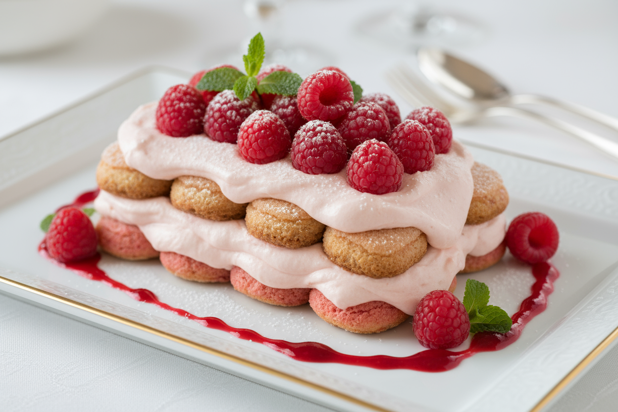 raspberry tiramisu with rspberry topping