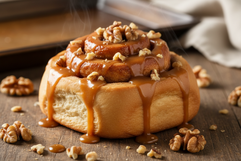 salted carmel cinnamon roll with walnuts