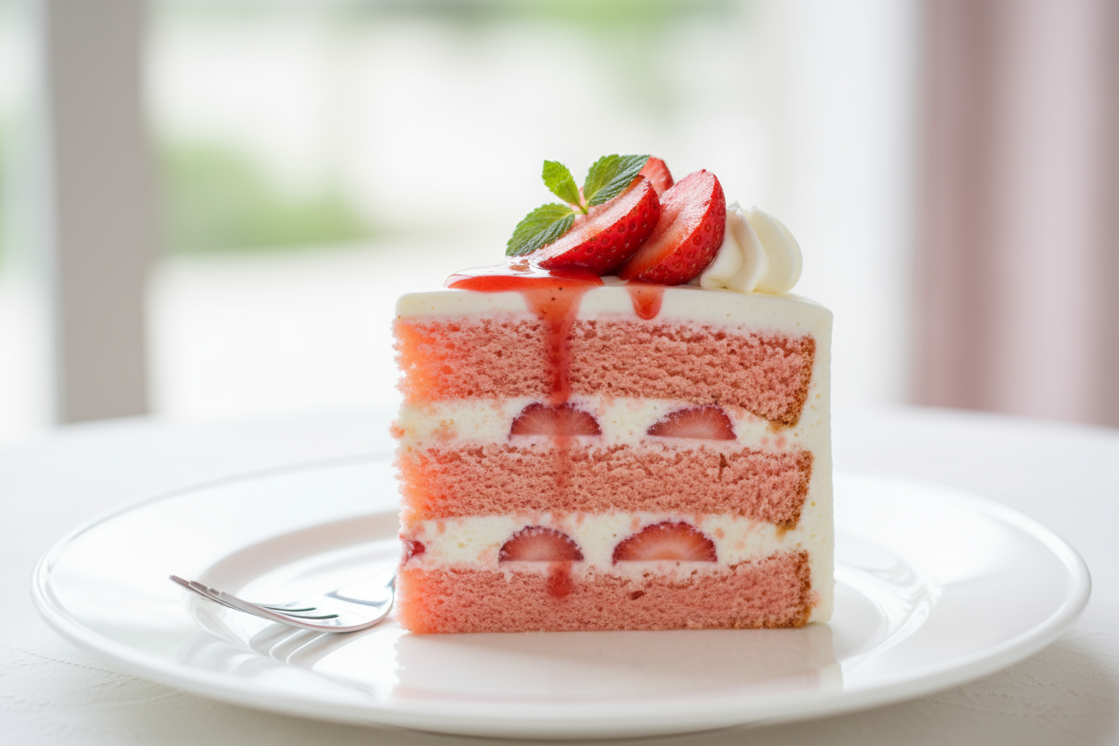 slice of pink strawberry cake